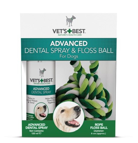 VET'S BEST Zestaw Spray dentystyczny dla psów 120ml i Piłka sznurkowa 6cm