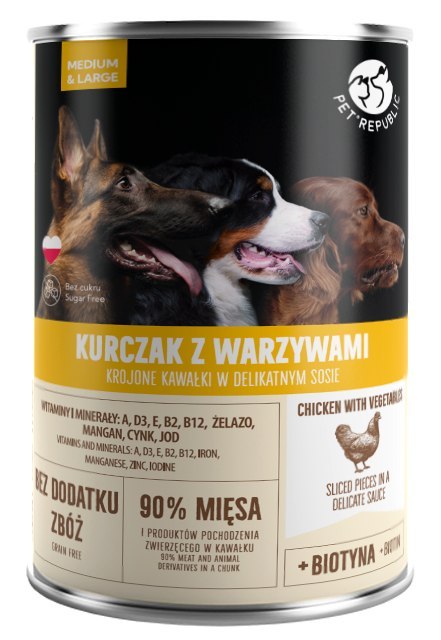 PETREPUBLIC Kawałki z kurczakiem i warzywami w sosie puszka dla psów 1250g